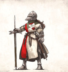 Rule 34 | 1girl, armor, brown hair, full body, gambeson, gloves, greaves, helmet, highres, holding, holding polearm, holding weapon, ironlily, long hair, lucerne hammer, medieval, original, polearm, polehammer, scabbard, sheath, standing, sword, tabard, war hammer, weapon