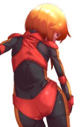 Rule 34 | 1girl, absurdres, ass, black bodysuit, blush, bodysuit, bright pupils, brown eyes, from behind, gloves, gundam, gundam zz, highres, looking at viewer, looking back, onimaru (onimal7802), orange hair, pilot suit, puru two, red gloves, shiny clothes, short hair, skin tight, solo, standing, white pupils