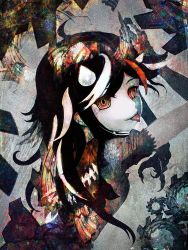 Rule 34 | 1girl, abstract, ahoge, arrow (symbol), black hair, cone horns, from behind, gears, grey background, highres, horns, kijin seija, konguu, long hair, looking at viewer, multicolored hair, pale skin, red eyes, red hair, ringed eyes, short sleeves, solo, streaked hair, tongue, tongue out, touhou, upper body, white hair