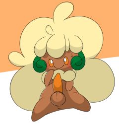 Rule 34 | 1boy, anus, big hair, blonde hair, blush, closed mouth, colored sclera, creatures (company), dark-skinned male, dark skin, erection, full body, game freak, gen 5 pokemon, hand up, happy, long hair, looking up, motion lines, nintendo, orange background, orange sclera, penis, pokemon, pokemon (creature), simple background, sitting, smile, solo, spread legs, sweat, testicles, two-tone background, uncensored, very long hair, vilepluff, whimsicott, white eyes