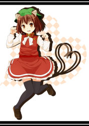 Rule 34 | 1girl, animal ears, black thighhighs, brown eyes, brown hair, cat ears, cat girl, cat tail, chen, earrings, female focus, full body, hat, heart, heart tail, jewelry, loafers, masa nori, multiple tails, shoes, short hair, solo, tail, thighhighs, touhou, white background