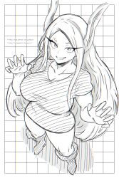 Rule 34 | 1girl, animal ears, boku no hero academia, boots, breasts, claw pose, collarbone, fanbox username, from above, full body, grid background, guchapin, hands up, highres, large breasts, leggings, long eyelashes, long hair, looking at viewer, mirko, monochrome, parted bangs, patreon username, rabbit ears, rabbit girl, shirt, sketch, smile, solo, very long hair, white hair