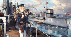 Rule 34 | 2girls, battlefield (series), battlefield 1, belt, bird, blonde hair, blue eyes, bolt action, bow, brown hair, chinese commentary, commentary request, destroyer, gun, gun on back, hair bow, harness, hat, hat bow, hms laforey (1913), lee-enfield, lifebuoy, lighthouse, military, military vehicle, multiple girls, neko (yanshoujie), on railing, pantyhose, pleated skirt, pouch, railing, rifle, rope, royal navy, sailor, sailor hat, seagull, ship, signal flag, signal lamp, skirt, smile, smoke, smokestack, swim ring, union jack, warship, water, watercraft, weapon, weapon on back, white ensign, white legwear, winch, yellow eyes