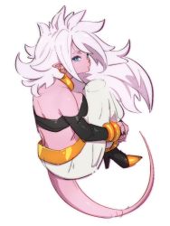 Rule 34 | 1girl, android 21, bare shoulders, black nails, blue eyes, bracelet, breasts, choker, closed mouth, colored skin, dragon ball, dragon ball fighterz, earrings, from behind, full body, grey background, hoop earrings, jewelry, kemachiku, looking at viewer, majin android 21, midriff, nail polish, pink skin, simple background, sitting, solo, tail, white background, white hair, yellow choker