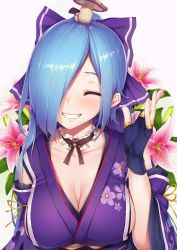Rule 34 | .live, 1girl, ^ ^, bare shoulders, blue gloves, blue hair, blush, breasts, cleavage, closed eyes, collarbone, commentary request, detached sleeves, closed eyes, facing viewer, fingerless gloves, floral print, flower, frills, gloves, grin, hair over one eye, hand up, highres, japanese clothes, kimono, large breasts, long hair, long sleeves, mushroom, nail polish, neck garter, pink flower, pink lips, pink nails, ponytail, print kimono, purple kimono, simple background, smile, solo, sy4, teeth, upper body, virtual youtuber, white background, wide sleeves, yamato iori