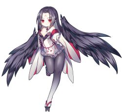 Rule 34 | 1girl, ao jun, ark order, black feathers, black hair, black wings, breasts, detached collar, detached sleeves, dress, facial mark, falling feathers, feathered wings, feathers, forehead mark, full body, geta, gradient legwear, harpy, karasu tengu (ark order), long hair, long sleeves, looking at viewer, medium breasts, monster girl, official art, one side up, pantyhose, red eyes, sidelocks, solo, tachi-e, third-party source, transparent background, white dress, wide sleeves, winged arms, wings