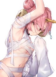 Rule 34 | 1girl, absurdres, arm up, armpits, bandages, black cola, blush, breasts, brown eyes, closed mouth, commentary request, double bun, fate/grand order, fate (series), frankenstein&#039;s monster (fate), frankenstein&#039;s monster (swimsuit saber) (fate), frankenstein&#039;s monster (swimsuit saber) (third ascension) (fate), hair between eyes, hair bun, hair ornament, highres, horns, naked bandage, navel, pink hair, simple background, single horn, small breasts, solo, white background