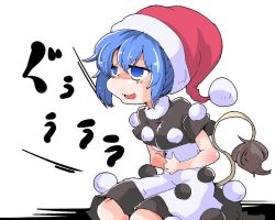 Rule 34 | 1girl, blue eyes, blue hair, doremy sweet, dress, hands on stomach, hat, hungry, matching hair/eyes, nightcap, pom pom (clothes), shinapuu, shirt, short hair, skirt, smile, solo, stomach growling, tail, tapir tail, touhou