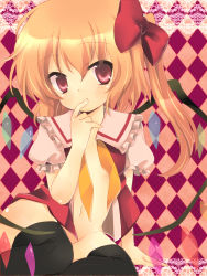 Rule 34 | 1girl, black thighhighs, blonde hair, blush, bottomless, embodiment of scarlet devil, female focus, finger in own mouth, flandre scarlet, hair ribbon, highres, open clothes, open shirt, red eyes, ribbon, shirt, side ponytail, sitting, solo, thighhighs, touhou, wings, yumemomosaka