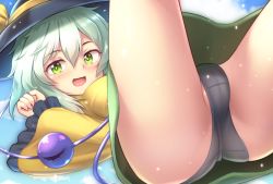 Rule 34 | 1girl, :d, ass, black hat, black panties, blue sky, blush, breasts, cameltoe, clenched hand, cloud, commentary request, day, frilled sleeves, frills, green eyes, green hair, green skirt, hair between eyes, hand up, hat, hat ribbon, highres, koishi day, komeiji koishi, large breasts, legs up, light particles, long sleeves, looking at viewer, open mouth, outdoors, panties, pantyshot, ribbon, shiratsuki shiori, shirt, short hair, skirt, sky, smile, solo, thighs, third eye, touhou, underwear, wide sleeves, yellow ribbon, yellow shirt