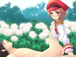 Rule 34 | 1boy, 1girl, alice parade, blush, breasts, brown eyes, brown hair, censored, flower, girl on top, hair ornament, heart, hetero, highres, ito noizi, pussy, rose, rouge 13, ruujyu 13, sex, white flower, white rose
