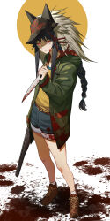 Rule 34 | 1girl, absurdres, black hair, blood, blood on clothes, bloody knife, blue shorts, braid, brown background, brown footwear, commentary request, copyright request, double-barreled shotgun, drawstring, full body, green jacket, gun, highres, holding, holding knife, hood, hood down, hooded jacket, jacket, knife, long hair, looking at viewer, mask, mask on head, multicolored hair, open clothes, open jacket, parted lips, red eyes, shirt, shoes, short shorts, shorts, shotgun, single braid, socks, solo, standing, two-tone background, two-tone hair, v-shaped eyebrows, vchan, very long hair, weapon, white background, white socks, yellow shirt