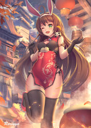 Rule 34 | 1girl, ;d, ahoge, animal ears, architecture, artist name, bare shoulders, black gloves, black panties, black thighhighs, blue sky, blush, breasts, brown hair, building, castle, china dress, chinese clothes, cleavage cutout, clothing cutout, cloud, commentary request, covered erect nipples, day, dress, east asian architecture, elbow gloves, fake animal ears, gloves, green eyes, hairband, hands up, holding, lantern, long hair, looking at viewer, medium breasts, one eye closed, open mouth, original, outdoors, panties, paper lantern, rabbit ears, red dress, red footwear, rorinya, shoes, short dress, side-tie panties, skindentation, sky, sleeveless, sleeveless dress, smile, solo, standing, standing on one leg, thighhighs, underwear, very long hair, white hairband