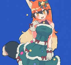 Rule 34 | 1girl, animal ears, bare shoulders, black choker, blush, bow, brown hair, choker, christmas tree costume, commentary request, dress, fox ears, fox girl, fox tail, fur trim, gloves, green dress, hair between eyes, hair bow, hasu (zatsugami), highres, jewelry, kemono friends, kemono friends 3, long hair, looking at viewer, multicolored hair, necklace, official alternate costume, orange eyes, orange hair, red fox (kemono friends), sidelocks, sleeveless, solo, star (symbol), star necklace, tail, white gloves