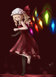 Rule 34 | 1girl, absurdres, alternate costume, bad id, bad pixiv id, barefoot, black thighhighs, blonde hair, crystal, dress, flandre scarlet, full body, glowing, hat, hat ribbon, highres, mob cap, red dress, red eyes, ribbon, side ponytail, single thighhigh, sk tori, slit pupils, solo, standing, standing on one leg, thighhighs, tiptoes, touhou, wings