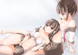 Rule 34 | 2girls, between breasts, bra, breasts, cleavage, head between breasts, kamakama (kdmorh kamakama), looking at another, multiple girls, open clothes, original, panties, ponytail, skirt, underwear, undressing, yuri