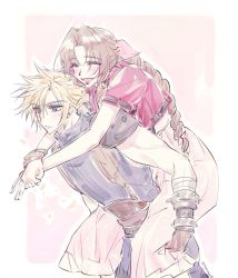 Rule 34 | 1boy, 1girl, aerith gainsborough, armor, arms around neck, bandaged arm, bandages, bangle, belt, blonde hair, blue eyes, blue pants, blue shirt, blush, border, bracelet, braid, braided ponytail, brown hair, carrying, closed eyes, cloud strife, cowboy shot, cropped jacket, dress, final fantasy, final fantasy vii, final fantasy vii remake, gloves, hair between eyes, hair ribbon, highres, jacket, jewelry, laughing, long dress, long hair, looking ahead, multiple belts, muscular, muscular male, neveromance, open mouth, pants, parted bangs, piggyback, pink background, pink dress, pink ribbon, red jacket, ribbon, shirt, short hair, short sleeves, shoulder armor, sidelocks, sleeveless, sleeveless turtleneck, smile, spiked hair, square enix, suspenders, turtleneck