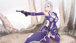 Rule 34 | 1girl, aiming, belt, blurry, blurry background, breasts, cait aron, cleavage, closed mouth, covered navel, depth of field, elbow gloves, gloves, grey hair, gun, handgun, highres, holding, holding gun, holding weapon, kneeling, large breasts, mole, mole under eye, pouch, purple gloves, purple thighhighs, red eyes, revolver, smile, solo, sword art online, sword art online: fatal bullet, thighhighs, waist cape, weapon, zeliska