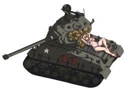 Rule 34 | 1girl, american flag bikini, bikini, blonde hair, blue eyes, breasts, brups tv, commentary, english commentary, flag print, highres, large breasts, looking to the side, looking up, lying, m4 sherman, midriff, military, military vehicle, motor vehicle, navel, on back, one eye closed, open mouth, original, revision, shorts, simple background, smile, solo, swimsuit, tank, vehicle focus, white background, yellow shorts