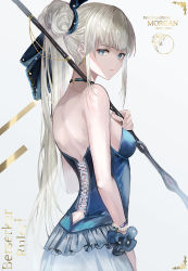 Rule 34 | 1girl, text background, bad id, bad pixiv id, bare shoulders, blue choker, blue eyes, bracelet, braid, breasts, butt crack, character name, choker, closed mouth, cross-laced clothes, dress, earrings, fate/grand order, fate (series), from behind, grey hair, hair bun, hand up, highres, holding, holding weapon, jewelry, kou (184756o), long hair, looking at viewer, morgan le fay (fate), over shoulder, platinum blonde hair, ponytail, sideboob, single hair bun, single side bun, skirt, solo, two-tone dress, upper body, very long hair, weapon, weapon over shoulder