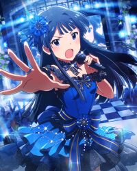 Rule 34 | black hair, blue dress, blue eyes, dress, idol, idolmaster, idolmaster million live!, idolmaster million live! theater days, jewelry, microphone, mogami shizuka, monitor, official art, open mouth, ring, stage lights
