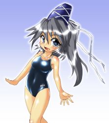 Rule 34 | 1girl, blue one-piece swimsuit, breasts, gradient background, grey eyes, grey hair, hat, long hair, looking at viewer, mononobe no futo, one-piece swimsuit, ponytail, ribbon, smile, solo, swimsuit, tate eboshi, touhou, winn