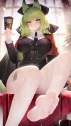Rule 34 | 1girl, :p, absurdres, animal ears, arknights, binggong asylum, black bow, black cape, black necktie, black vest, blush, bow, breasts, buttons, cape, cat ears, collared shirt, extra ears, feet, foot out of frame, foot up, green eyes, green hair, hair bow, hand up, harmonie (arknights), harmonie (invitation) (arknights), headhunting permit (arknights), highres, holding, indoors, large breasts, layered sleeves, long hair, long sleeves, looking at viewer, necktie, no shoes, pantyhose, plant, potted plant, revision, see-through, shirt, sitting, soles, solo, thighs, toes, tongue, tongue out, vest, wet, wet clothes, white pantyhose, white shirt, window