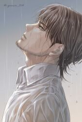 Rule 34 | 1boy, adam&#039;s apple, brown eyes, brown hair, commentary request, expressionless, facial hair, from side, goatee, highres, jean kirstein, looking up, male focus, profile, rain, shingeki no kyojin, shirt, solo, twitter username, undercut, wet, wet clothes, wet shirt, yanase 814