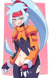 Rule 34 | 1girl, absurdres, ashe (mega man), blue hair, bodysuit, bright pupils, buzzlyears, commentary, covered navel, cowboy shot, gloves, green eyes, headband, high ponytail, highres, long hair, looking at viewer, mega man (series), mega man zx, mega man zx advent, ponytail, smile, solo, torn bodysuit, torn clothes, very long hair, white pupils