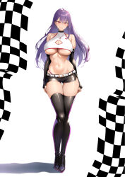 Rule 34 | 1girl, absurdres, bare shoulders, black choker, black footwear, boots, breasts, checkered flag, choker, cleavage, cleavage cutout, closed mouth, clothing cutout, collarbone, contrapposto, crop top, flag, full body, highres, jewelry, large breasts, long hair, looking at viewer, midriff, navel, necklace, original, panty straps, purple hair, race queen, ranhatu, red eyes, shiny clothes, short shorts, shorts, sleeveless, sleeveless turtleneck, smile, solo, standing, straight-on, thigh boots, thigh gap, turtleneck, underboob