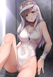 Rule 34 | 1girl, :o, bare arms, bare shoulders, blush, breasts, cameltoe, cleavage, cleft of venus, collarbone, covered navel, grey hair, highleg, highleg swimsuit, highres, idolmaster, idolmaster shiny colors, knee up, large breasts, long hair, looking at viewer, mk (mod0), one-piece swimsuit, open mouth, purple eyes, sitting, solo, swimsuit, thighs, whistle, whistle around neck, white headwear, white one-piece swimsuit, yukoku kiriko