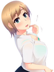 Rule 34 | 1girl, aqua eyes, blush, bra, breasts, brown hair, commentary request, downblouse, eyelashes, green bra, hayashi custom, highres, looking at viewer, looking back, open clothes, open mouth, open shirt, original, pleated skirt, sachiko (hayashi custom), school uniform, see-through, shirt, short hair, short sleeves, skirt, solo, sweat, underwear, upper body, wet, wet clothes, wet shirt, aged down