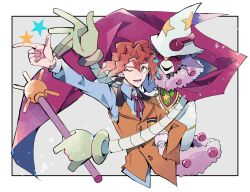 Rule 34 | 1boy, collared shirt, cropped torso, dennis macfield, duel monster, hat, highres, holding, holding staff, male focus, one eye closed, performage trapeze magician, shirt, short hair, single sleeve, smile, snapping fingers, solo, staff, star (symbol), tareme, tasutekete, undershirt, wizard hat, yu-gi-oh!, yu-gi-oh! arc-v