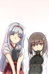 Rule 34 | 10s, 2girls, akasaai, blush, brown eyes, brown hair, closed eyes, flat chest, hairband, headband, headgear, japanese clothes, kantai collection, long hair, looking at viewer, multiple girls, short hair, shoukaku (kancolle), silver hair, skirt, smile, taihou (kancolle)