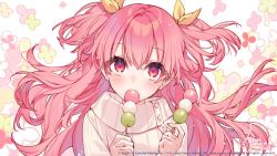 Rule 34 | 1girl, blush, bow, commentary request, copyright notice, dango, flower, food, hair bow, hanagata, holding, holding food, long hair, looking at viewer, momoi airi, official art, pink eyes, pink flower, pink hair, pink theme, project sekai, ribbed sweater, sanshoku dango, solo, sweater, two side up, upper body, wagashi, white sweater, yellow bow, yellow flower