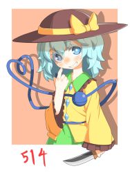 Rule 34 | 1girl, bag, black hat, blue eyes, border, bow, bright pupils, frilled sleeves, frills, green hair, green skirt, grin, hat, hat bow, heart, heart of string, hecchi (blanch), holding, holding knife, index finger raised, knife, koishi day, komeiji koishi, long sleeves, looking at viewer, orange background, shirt, short hair, simple background, skirt, smile, solo, third eye, touhou, white border, white pupils, wide sleeves, yellow bow, yellow shirt