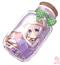 Rule 34 | 1girl, alternate costume, artist name, blue dress, blue eyes, bottle, commentary request, dated, dress, hair tie, hat, highres, in bottle, in container, kanon (kurogane knights), kantai collection, long hair, looking at viewer, mole, mole under eye, oversized object, parted bangs, silver hair, simple background, sleeveless, smile, solo, suitcase, umikaze (kancolle), very long hair, white background