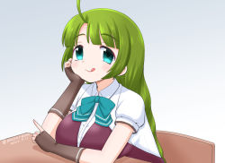 Rule 34 | 1girl, aqua bow, aqua bowtie, bow, bowtie, braid, breasts, brown gloves, commentary request, fingerless gloves, gloves, gradient background, green hair, grey background, kantai collection, large breasts, long hair, looking at viewer, masara (chuujou), mole, mole under mouth, one-hour drawing challenge, purple vest, school uniform, shirt, short sleeves, single braid, sitting, solo, table, tongue, tongue out, upper body, very long hair, vest, white shirt, yuugumo (kancolle), yuugumo kai ni (kancolle)