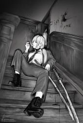 Rule 34 | 1girl, absurdres, black necktie, black pants, blood, boots, business suit, chainsaw man, cigarette, collared shirt, dress shirt, formal, greyscale, high-waist pants, highres, holding, holding cigarette, marvin (omarvin), monochrome, necktie, one eye covered, pants, ponytail, quanxi (chainsaw man), shirt, shirt tucked in, sitting, sitting on stairs, smoking, solo, stairs, suit, sword, weapon, white shirt