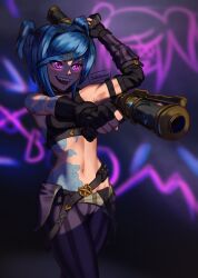 Rule 34 | 1girl, :d, absurdres, aiming, aiming up, alternate hair color, arcane: league of legends, arm tattoo, armpits, artist name, bare shoulders, belt, black belt, black gloves, black shirt, black sleeves, blue hair, blurry, blurry background, bob cut, breasts, chest tattoo, cloud tattoo, commentary, cosplay, cowboy shot, crop top, dark, depth of field, detached sleeves, doki doki literature club, english commentary, finger on trigger, fingerless gloves, gloves, glow-in-the-dark, glowing, glowing eyes, graffiti, grin, gun, hair ornament, halterneck, handgun, highres, holding, holding gun, holding weapon, jinx (league of legends), jinx (league of legends) (cosplay), league of legends, looking afar, looking ahead, loose belt, lowleg, lowleg pants, midriff, natsuki (doki doki literature club), navel, open mouth, pants, pink eyes, purple pants, purple sleeves, santi (santandraws), shadow, shirt, short hair, sidelocks, signature, single detached sleeve, sleeveless, sleeveless shirt, small breasts, smile, solo, stomach tattoo, striped clothes, striped pants, swept bangs, tattoo, teeth, toned, two side up, upper teeth only, vertical-striped clothes, vertical-striped pants, walking, weapon, x hair ornament