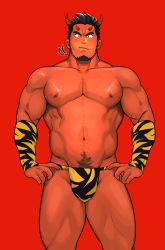 Rule 34 | 1boy, animal print, bara, black eyes, black hair, black male underwear, bulge, cheek bulge, chinese zodiac, colored skin, detached sleeves, eating, facial hair, fangs, feet out of frame, food, goatee, highres, horns, large pectorals, loincloth, male focus, male underwear, monster boy, motion lines, multiple horns, muscular, muscular male, navel, navel hair, nipples, original, pectorals, pout, print male underwear, red skin, short hair, sideburns, skin-covered horns, solo, spiked hair, stomach, tarutoru, thick eyebrows, thick thighs, thighs, tiger print, topless male, undercut, underwear, underwear only, year of the tiger, yellow male underwear