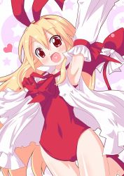 Rule 34 | 1girl, :d, armpits, arms up, blonde hair, blush, bow, demon tail, detached sleeves, disgaea, flonne, flonne (fallen angel), hair bow, happy, heart, heart in mouth, high heels, kagerou (kers), leotard, long hair, makai senki disgaea, open mouth, red bow, red eyes, red footwear, red leotard, shoes, smile, solo, tail, tail bow, tail ornament