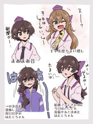 Rule 34 | alternate costume, alternate hairstyle, bow, brown eyes, brown hair, cellphone, flip phone, frilled shirt, frills, glasses, hat, heart, himekaidou hatate, jacket, long hair, low ponytail, multiple persona, necktie, phone, pink shirt, ponytail, purple bow, purple jacket, shio (futatsumami), shirt, short hair, tokin hat, touhou, track jacket, translation request, undone necktie