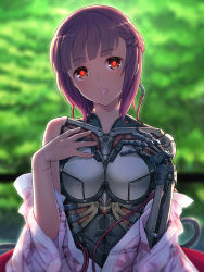 Rule 34 | 1girl, android, android girl (itou), braid, breasts, breasts out, brown eyes, brown hair, cable, chromatic aberration, glowing, glowing eyes, hands on own chest, head tilt, highres, itou (onsoku tassha), joints, looking at viewer, mechanical parts, no nipples, open clothes, original, parted lips, partially undressed, red pupils, robot joints, solo, tree, tube, upper body
