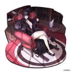 Rule 34 | 1girl, armchair, ash arms, black dress, black footwear, black hair, breasts, brown gloves, chair, champagne flute, closed mouth, crossed legs, cup, dress, drinking glass, feather boa, gloves, grey eyes, gun, handgun, hat, high heels, highres, holding, holding cup, indoors, kaoming, long dress, long hair, looking at viewer, medium breasts, pistol, plunging neckline, sitting, smile, solo, weapon