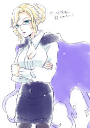 Rule 34 | blonde hair, breasts, cleavage, crossed arms, glynda goodwitch, large breasts, rwby, translation request, white background