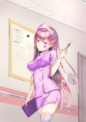 Rule 34 | 1girl, absurdres, braid, breasts, clipboard, crown braid, facial tattoo, french braid, gradient hair, hair ornament, hairclip, highres, hospital, impossible clothes, indoors, long hair, looking at viewer, medium breasts, multicolored hair, nurse, original, overlord (overlord80000), pencil skirt, pink eyes, pink headwear, short sleeves, skirt, solo, standing, syringe, tattoo, thighhighs, very long hair