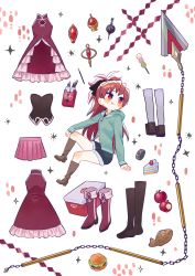 Rule 34 | 1girl, apple, black ribbon, black thighhighs, blue shorts, blush, boots, brown footwear, burger, cake, cake slice, chain, chibi, closed mouth, commentary, dango, dress, facing viewer, fang, fang out, food, frilled dress, frills, fruit, fur-trimmed shorts, fur trim, green jacket, grief seed, hair ribbon, highres, hood, hood down, hoodie, invisible chair, jacket, knee boots, kneeling, long hair, long sleeves, mahou shoujo madoka magica, mahou shoujo madoka magica (anime), navel, own hands clasped, own hands together, pink skirt, polearm, ponytail, red dress, red eyes, red footwear, red hair, ribbon, sakura kyoko, sanshoku dango, shorts, simple background, sitting, skirt, smile, solo, soul gem, spear, takoyaki, thighhighs, wagashi, weapon, white background, yooki (winter cakes), zettai ryouiki