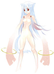 Rule 34 | 10s, 1girl, animal ears, aoshima, breasts, collarbone, gradient hair, hair ornament, highres, jewelry, kyubey, long hair, mahou shoujo madoka magica, mahou shoujo madoka magica (anime), multicolored hair, no feet, no hands, no navel, no nipples, no pussy, nude, perky breasts, personification, red eyes, small breasts, solo, tail, very long hair, white background, white hair