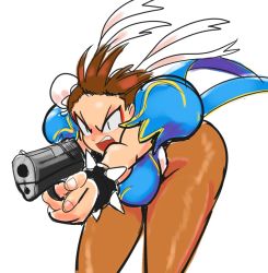 Rule 34 | bent over, breasts, capcom, chun-li, double bun, gun, hair bun, holding, holding gun, holding weapon, simple background, sketch, street fighter, tsundere, weapon, white background